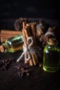 Selection of essential oils with  clove and cinnamon sticks on the wooden background Royalty Free Stock Photo