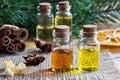 Selection of essential oils with star anise, cinnamon, frankincense and pine branches Royalty Free Stock Photo