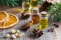 Selection of essential oils with star anise, cinnamon, frankincense, clove, pine and fir branches Royalty Free Stock Photo