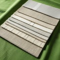 A selection of fabric swatches is arranged in a neat stack on a green textile Royalty Free Stock Photo