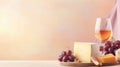 A selection of fine cheese with fresh grapes, a glass of wine, and crackers on a wooden table with a soft background Royalty Free Stock Photo