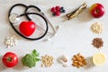 Selection food good for heart with stethoscope, healthy diet concept Royalty Free Stock Photo