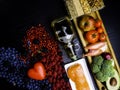 Selection of food that is good for the heart, wooden background full of vitamins and antioxidants, healthy eating