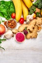 Selection of food rich in antioxidants and vitamins and mineral  sources, vegan food Royalty Free Stock Photo