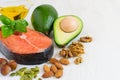 Selection Food sources of omega 3 and healthy fats. copy space Royalty Free Stock Photo