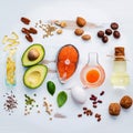 Selection food sources of omega 3 . Super food high omega 3 and Royalty Free Stock Photo