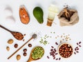 Selection food sources of omega 3 . Super food high omega 3 and unsaturated fats for healthy food. Almond ,pecan ,hazelnuts, Royalty Free Stock Photo