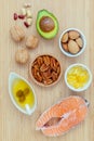 Selection food sources of omega 3 and unsaturated fats. super food high omega 3 and unsaturated fats for healthy food. Almond Royalty Free Stock Photo