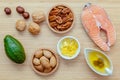 Selection food sources of omega 3 and unsaturated fats. Super food high omega 3 and unsaturated fats for healthy food. Almond Royalty Free Stock Photo