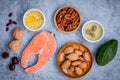 Selection food sources of omega 3 and unsaturated fats. Super food high omega 3 and unsaturated fats for healthy food. Almond Royalty Free Stock Photo