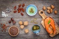 Selection food sources of omega 3 and unsaturated fats. Super food high vitamin e and dietary fiber for healthy food. Almond Royalty Free Stock Photo