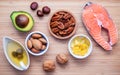 Selection food sources of omega 3 and unsaturated fats. Super food high vitamin e and dietary fiber for healthy food. Almond Royalty Free Stock Photo