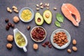Selection food sources of omega 3 and unsaturated fats. Superfood high vitamin e and dietary fiber for healthy food. Almond Royalty Free Stock Photo