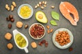 Selection food sources of omega 3 and unsaturated fats. Superfood high vitamin e and dietary fiber for healthy food. Almond Royalty Free Stock Photo