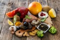 Selection of food to boost immune system - healthy, rich in vitamin and antioxidants Royalty Free Stock Photo