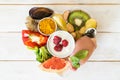 Selection of food to boost immune system - healthy, rich in vitamin and antioxidants Royalty Free Stock Photo