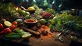 Selection of fresh vegetables and herbs arranged on a wooden cutting board, AI-generated. Royalty Free Stock Photo