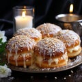 Selection of freshly baked donuts with a light dusting of nuts and sweet icing, AI-generated.