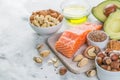 Selection of good fat sources - healthy eating concept. Ketogenic diet concept Royalty Free Stock Photo