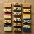 A selection of handcrafted soap bars arranged in three rows on a Royalty Free Stock Photo