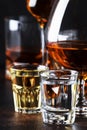 Selection of hard alcoholic drinks in big glasses and small shot glass in assortent: vodka, rum, cognac, tequila, brandy and