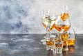 Selection of hard strong alcoholic drinks in big glasses and small shot glass in assortent: vodka, rum, cognac, tequila, brandy