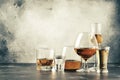 Selection of hard strong alcoholic drinks in big glasses and small shot glass in assortent: vodka, cognac, tequila, brandy and Royalty Free Stock Photo