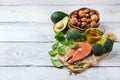 Selection of healthy fat sources food, life concept Royalty Free Stock Photo