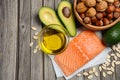 Selection of healthy fat sources. Royalty Free Stock Photo