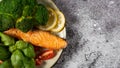 healthy dishes of broccoli and salmon. healthy diet