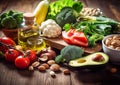 Selection of healthy fresh vegetables and seeds on wooden table.AI Generative