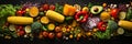 Selection of healthy vegetables and fruits top view flat lay on dark solid background Royalty Free Stock Photo