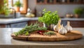 A selection of herbs and spices, sitting on a chopping board against blurred kitchen background copy space