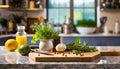 A selection of herbs and spices, sitting on a chopping board against blurred kitchen background copy space