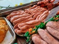 Selection of high quality meat products of sausages chicken lamb pork beef pheasant duck geese at the privately owned butchers