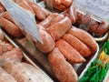 Selection of high quality meat products of sausages chicken lamb pork beef pheasant duck geese at the privately owned butchers