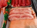 Selection of high quality meat products of sausages chicken lamb pork beef pheasant duck geese at the privately owned butchers