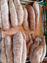 Selection of high quality meat products of sausages chicken lamb pork beef pheasant duck geese at the privately owned butchers