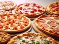 Selection of hot and tasty italian pizza on light kitchen table background.Macro.AI Generative