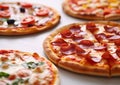 Selection of italian pizza on light kitchen table background.Macro.AI Generative