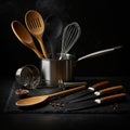 Selection of kitchen utensils on a dark background, including a stainless steel Royalty Free Stock Photo