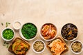 Selection of Korean Asian food in bowls on wooden background Royalty Free Stock Photo