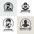 A selection of logos for electricians and construction firms and shops. Brutal men and text