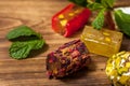 Selection of middle eastern desserts with rose petals, pistachio and turkish delight