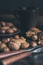 Selection of mixed nuts in the shells and nutcrackers