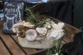 Selection of mushrooms in bark box at Borough Market