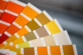 Selection of the paint color for decorative home repairs to the palette with layouts. A fan of shades in your hand inside the home