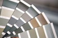 Selection of the paint color for decorative home repairs to the palette with layouts. A fan of shades in your hand inside the home