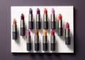 Selection of pink and red lipsticks on white square on grey background.Macro.AI Generative