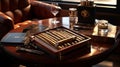 A selection of premium cigars and fine tobaccos on a mahogany table in a well-ventilated executive lounge